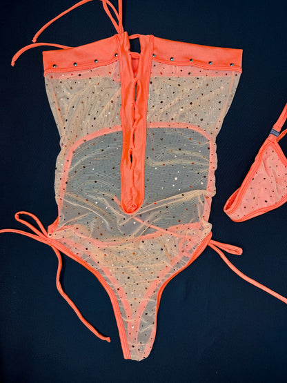 Orange Sparkle Mesh One-Piece Lingerie Outfit