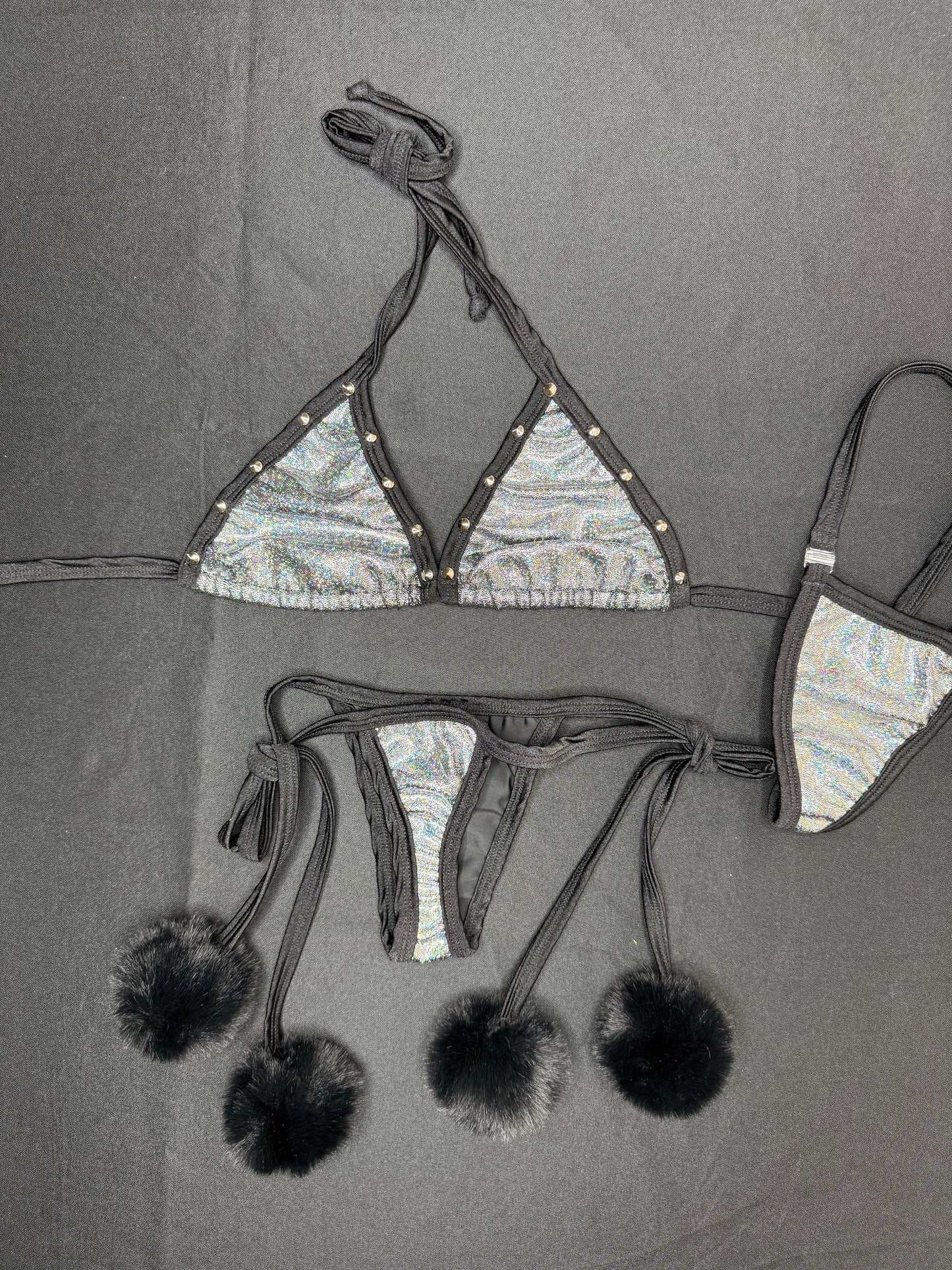 Silver/Black Fur Two-Piece Bikini Lingerie Outfit