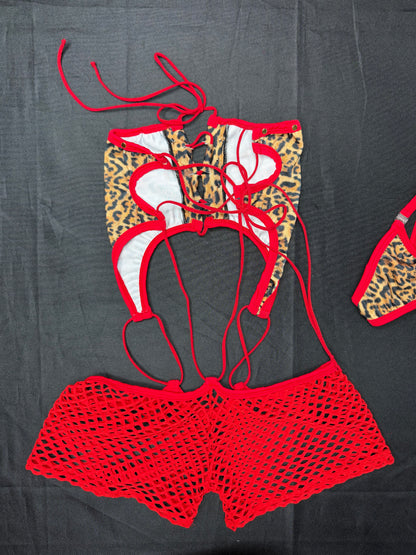 Animal Print/Red Spandex One-Piece Lingerie Outfit