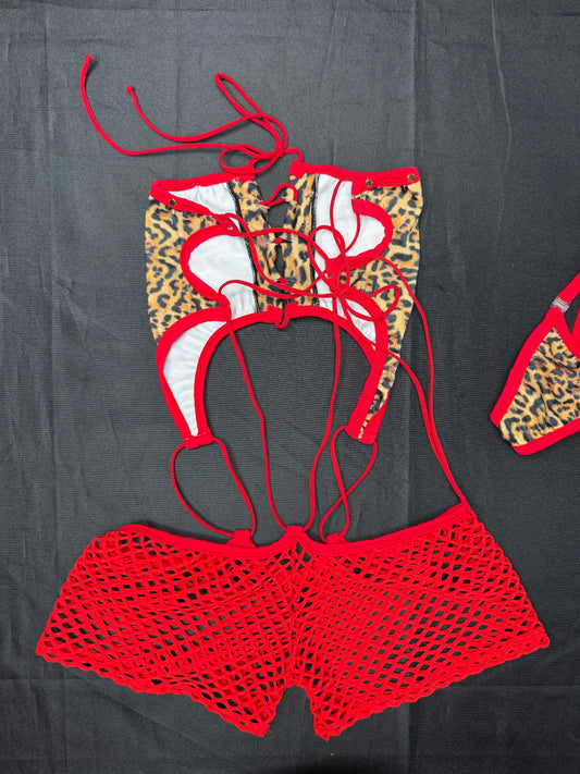 Animal Print/Red Spandex One-Piece Lingerie Outfit
