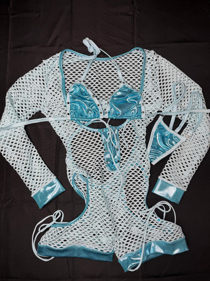 Baby Blue Spandex/Fishnet Romper Long Sleeve Lingerie Outfit