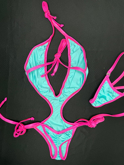 Cyan/Hot Pink Spandex One-Piece Lingerie Outfit