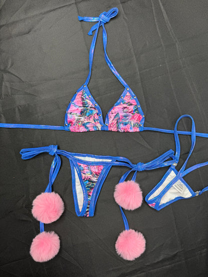Butterfly Spandex Pom-Pom Side-Tie Bikini Lingerie Outfit
