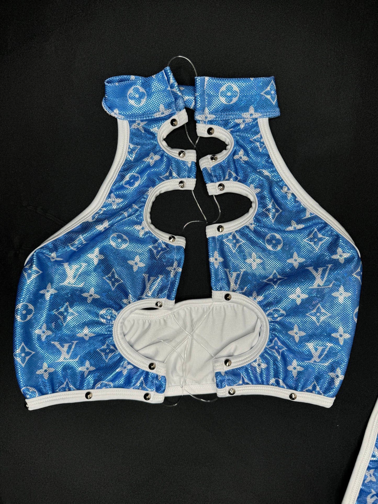 Metallic Baby Blue Two-Piece Silicone String Laced Lingerie Outfit