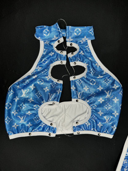 Metallic Baby Blue Two-Piece Silicone String Laced Lingerie Outfit