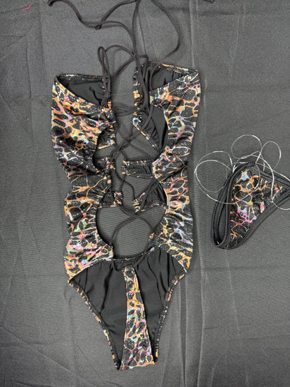 Black Animal Print One-Piece Lingerie Outfit