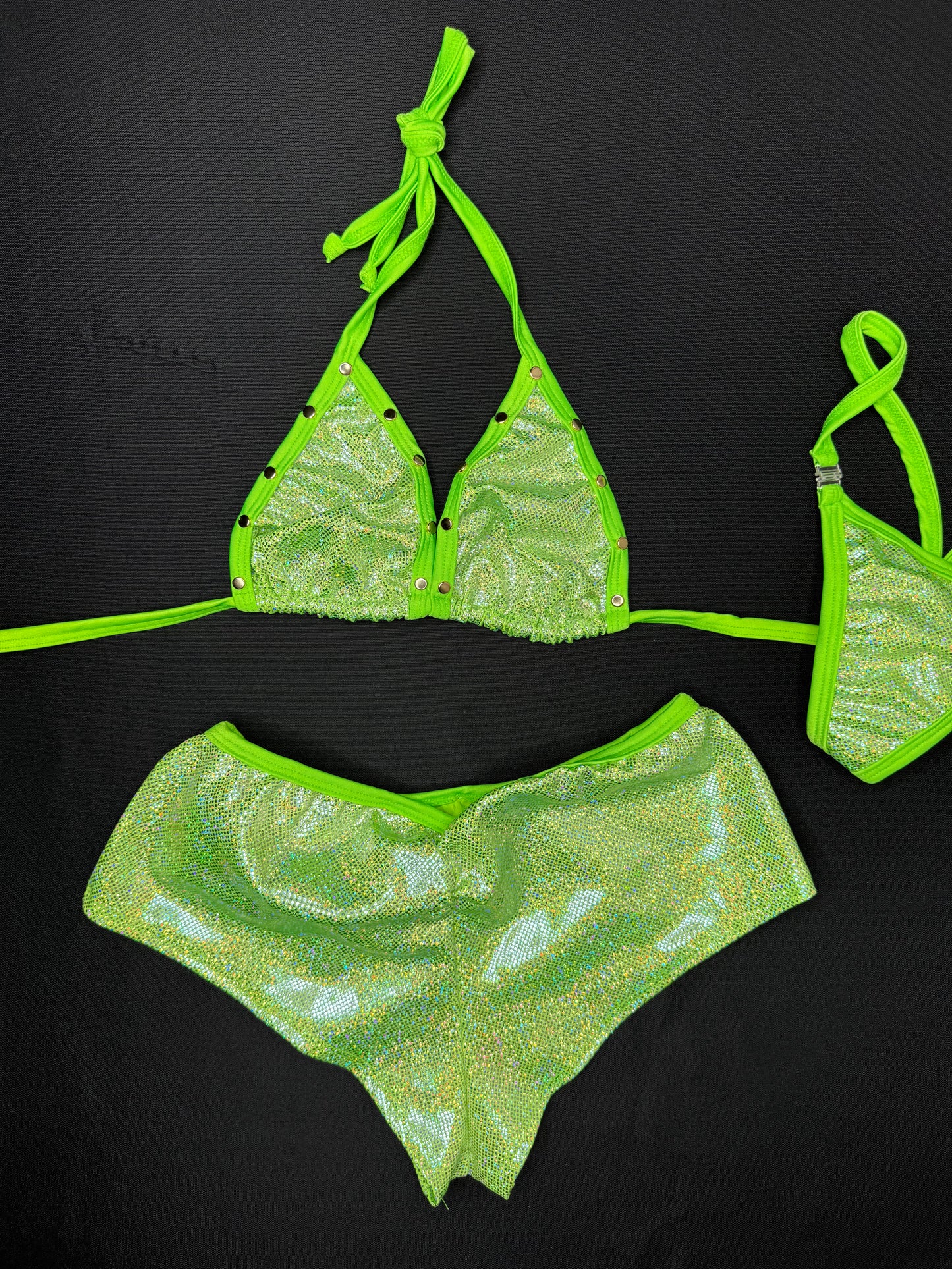Metallic Lime Green Bikini Top/Shorts Two-Piece Lingerie Outfit