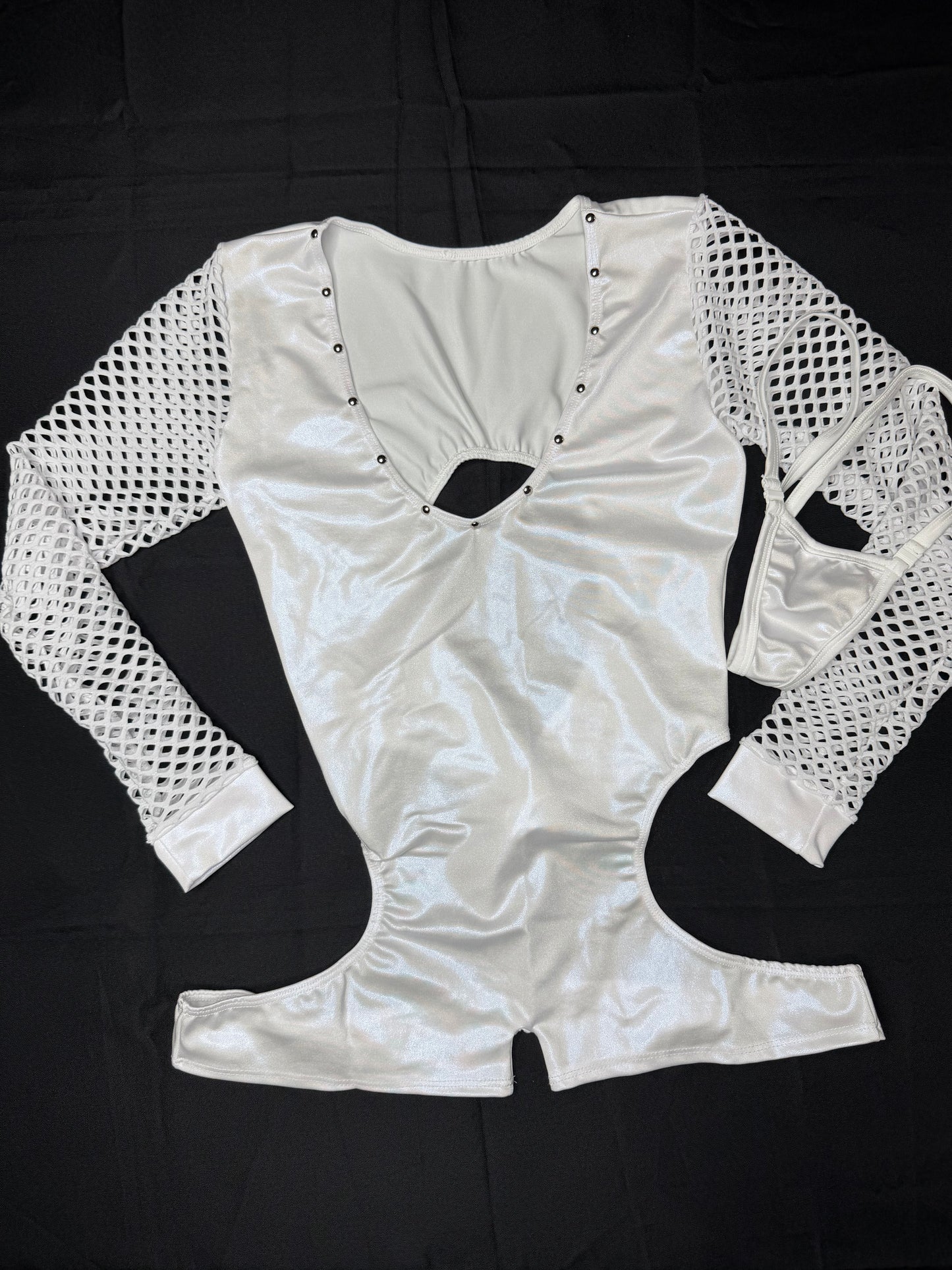 Metallic White/White Spandex Romper Lingerie Outfit