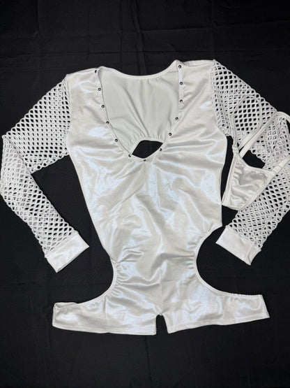 Metallic White/White Spandex Romper Lingerie Outfit