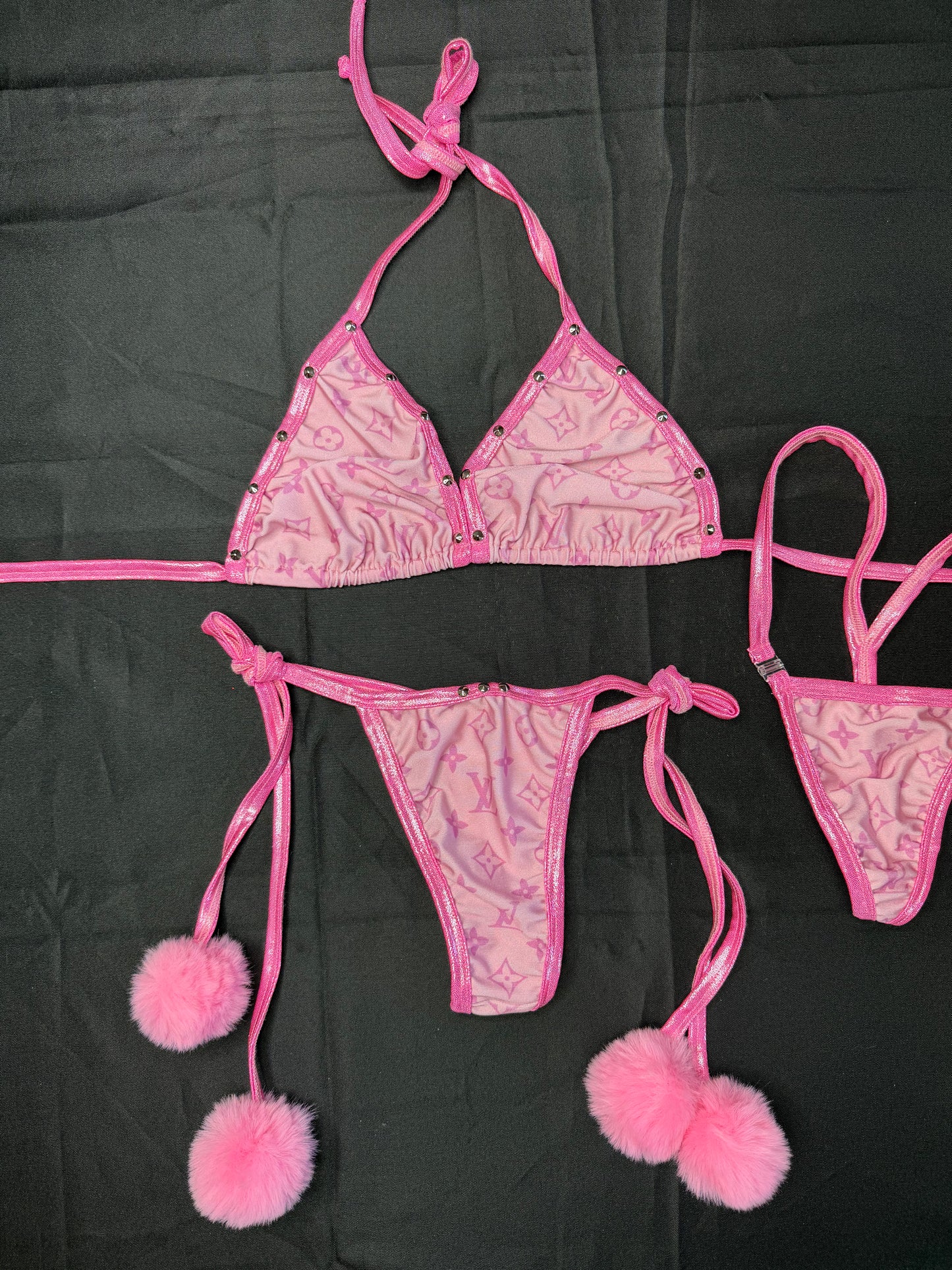 Metallic Pink/Pink Spandex Pom-Poms Two-Piece Bikini Lingerie Outfit