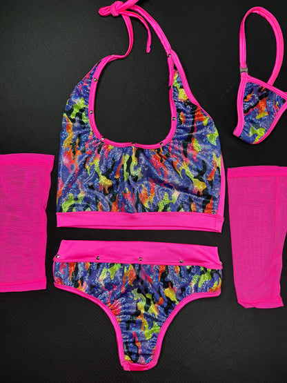 Holographic Purple Camouflage/Hot Pink Mesh/Spandex Shorts/Sleeves Lingerie Outfit