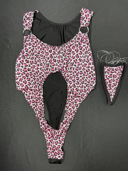 Pink Cheetah Animal Print Spandex Leotard One-Piece Lingerie Outfit