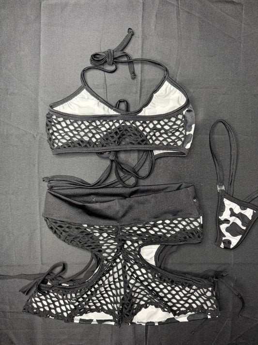 Cow Print/Black SpandexSports Bra/Shorts Two-Piece Lingerie Outfit