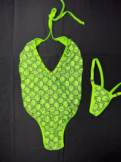 Designer Kitty Neon Green Spandex One-Piece Lingerie Outfit