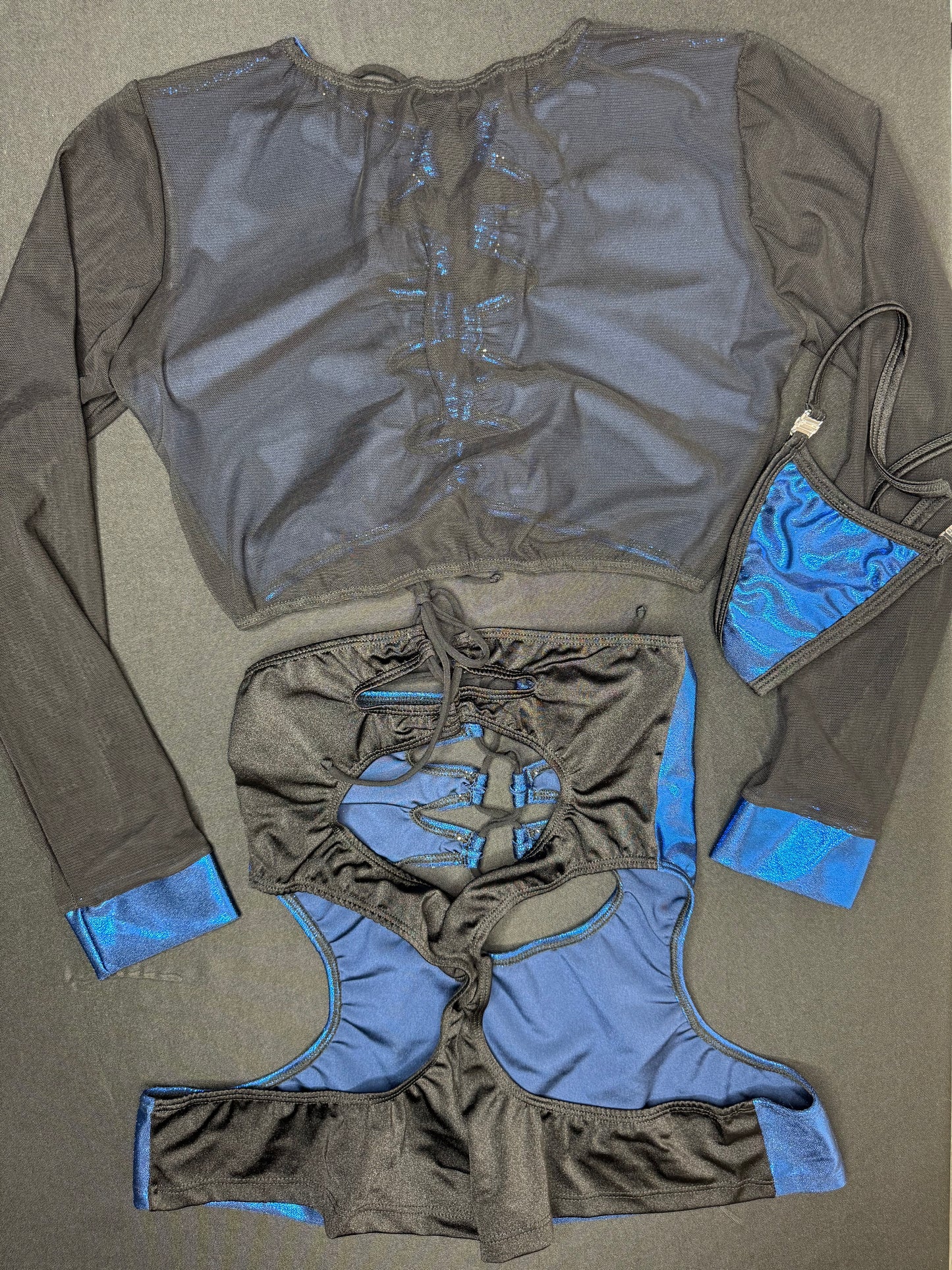 Blue Microdot Spandex/Black Mesh Long Sleeve Top/Shorts Two-Piece Lingerie Outfit