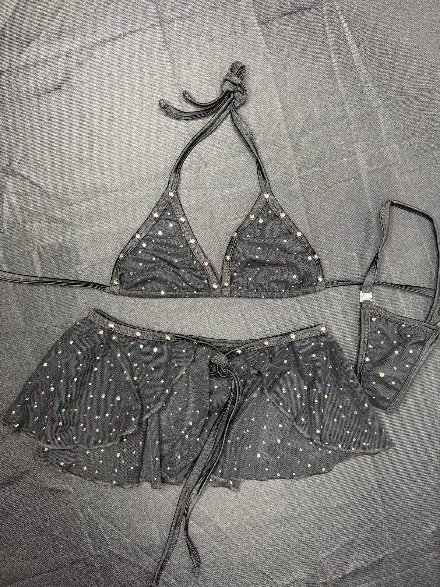 Black Mesh Bikini Top/Skirt Two-Piece Lingerie Outfit