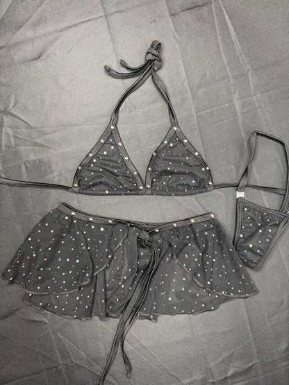 Black Mesh Bikini Top/Skirt Two-Piece Lingerie Outfit