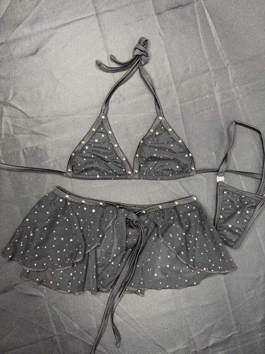 Black Mesh Bikini Top/Skirt Two-Piece Lingerie Outfit