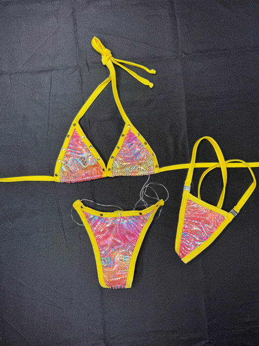 Electric Yellow/Holographic Pink Two-Piece Bikini Lingerie Outfit