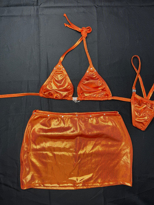 Copper Spandex Two-Piece Skirt Lingerie Outfit