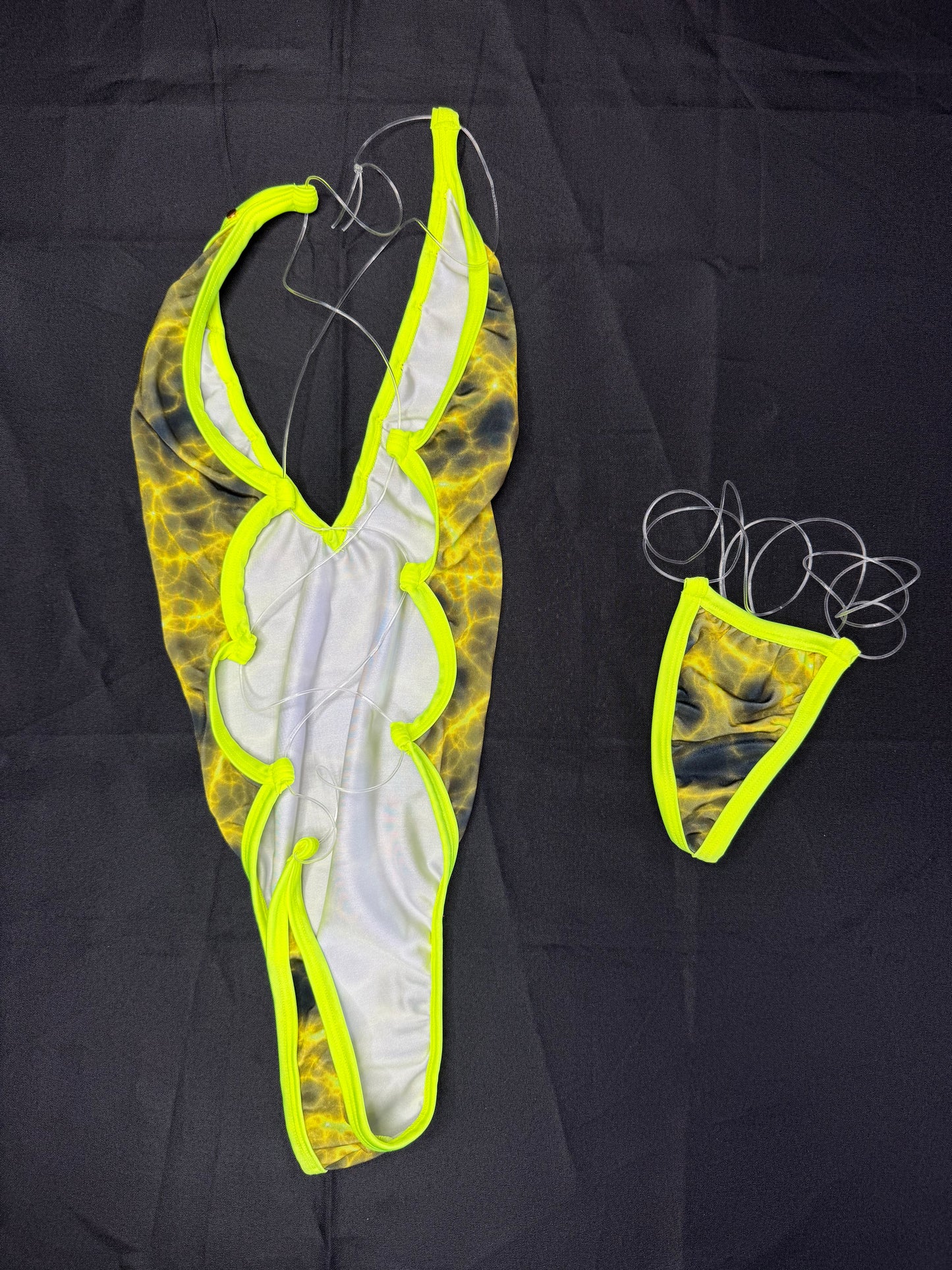 Neon Yellow Print One-Piece Lingerie Outfit
