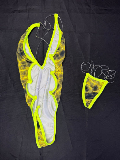 Neon Yellow Print One-Piece Lingerie Outfit