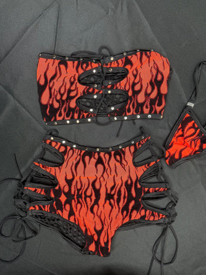 Orange Flame Mesh Tube Top/Shorts Two-Piece Lingerie Outfit