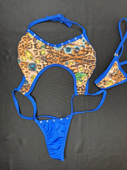 Animal Print/Blue Spandex Sling-Shot One-Piece Lingerie Outfit