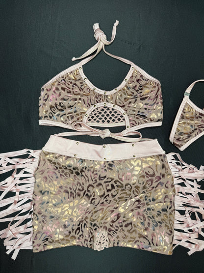Cheetah Animal Print Spandex/Fishnet Fringe Sports Bra/Shorts Two-Piece Lingerie Outfit