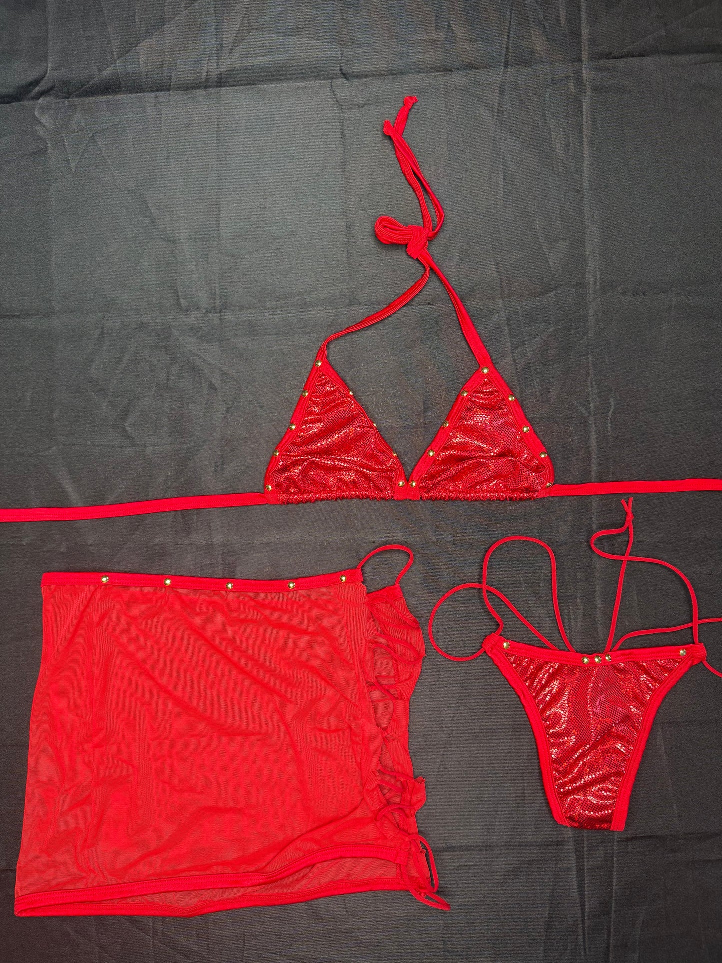 Metallic Red Spandex/Red Mesh Three-Piece Lingerie Outfit