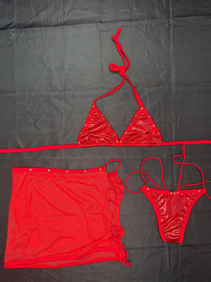 Metallic Red Spandex/Red Mesh Three-Piece Lingerie Outfit