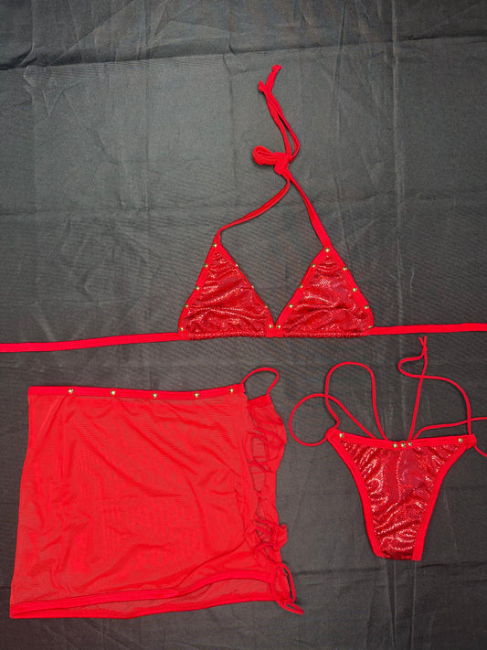 Metallic Red Spandex/Red Mesh Three-Piece Lingerie Outfit