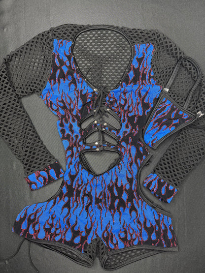 Blue Flame Mesh/Black Fishnet Long Sleeve Romper Lingerie Outfit