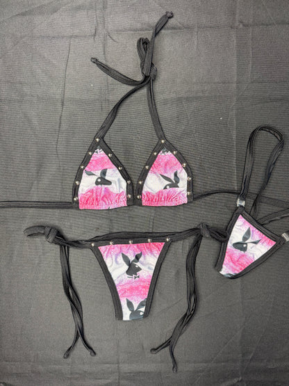 Black/Pink Bunny Spandex Two-Piece Bikini Lingerie Outfit