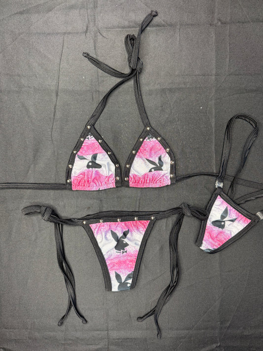 Black/Pink Bunny Spandex Two-Piece Bikini Lingerie Outfit