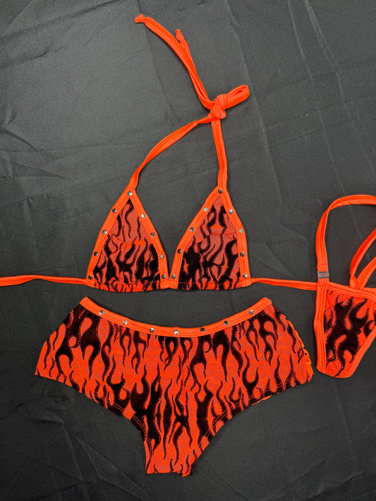 Orange Flame Mesh Bikini Top/Shorts Two-Piece Lingerie Outfit