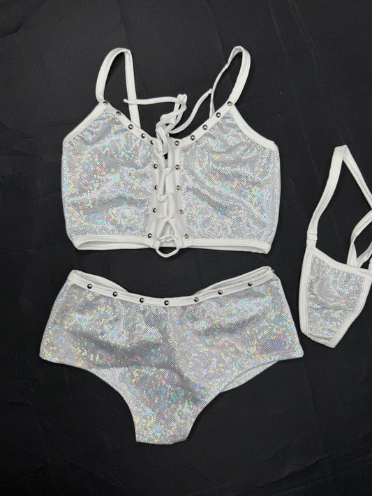 Metallic White Sports Bra/Shorts Two-Piece Lingerie Outfit