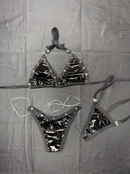 Black Latex Two-Piece Bikini Lingerie Outfit