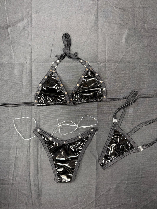 Black Latex Two-Piece Bikini Lingerie Outfit