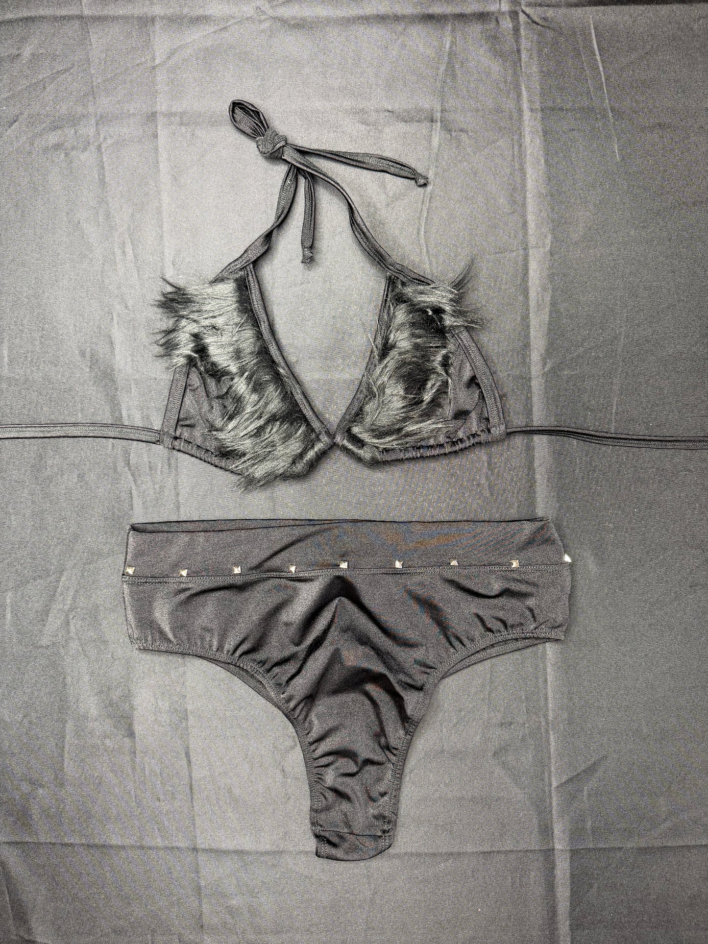 Black Faux Fur/Black Spandex Bikini Top/Shorts Two-Piece Lingerie Outfit