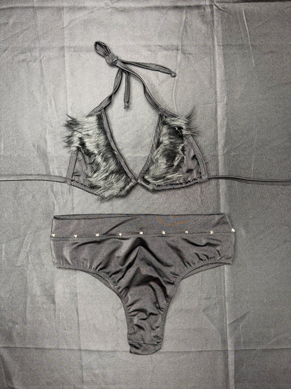 Black Faux Fur/Black Spandex Bikini Top/Shorts Two-Piece Lingerie Outfit