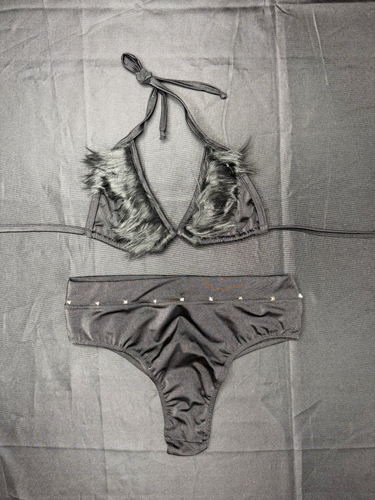 Black Faux Fur/Black Spandex Bikini Top/Shorts Two-Piece Lingerie Outfit