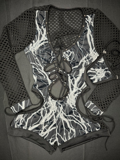 Grey Thunder Fabric One-Piece Romper Lingerie Outfit
