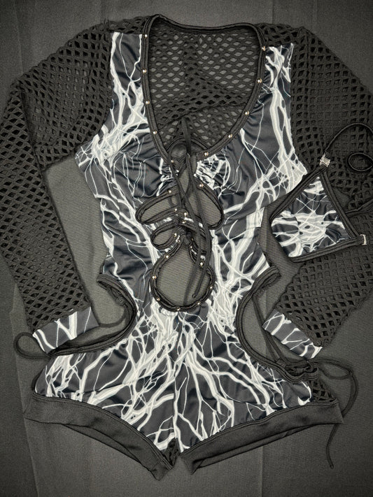 Grey Thunder Fabric One-Piece Romper Lingerie Outfit