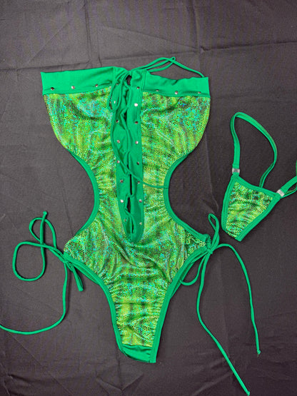 Holographic Green Animal Print Spandex One-Piece Lingerie Outfit