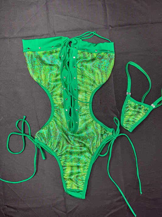 Holographic Green Animal Print Spandex One-Piece Lingerie Outfit
