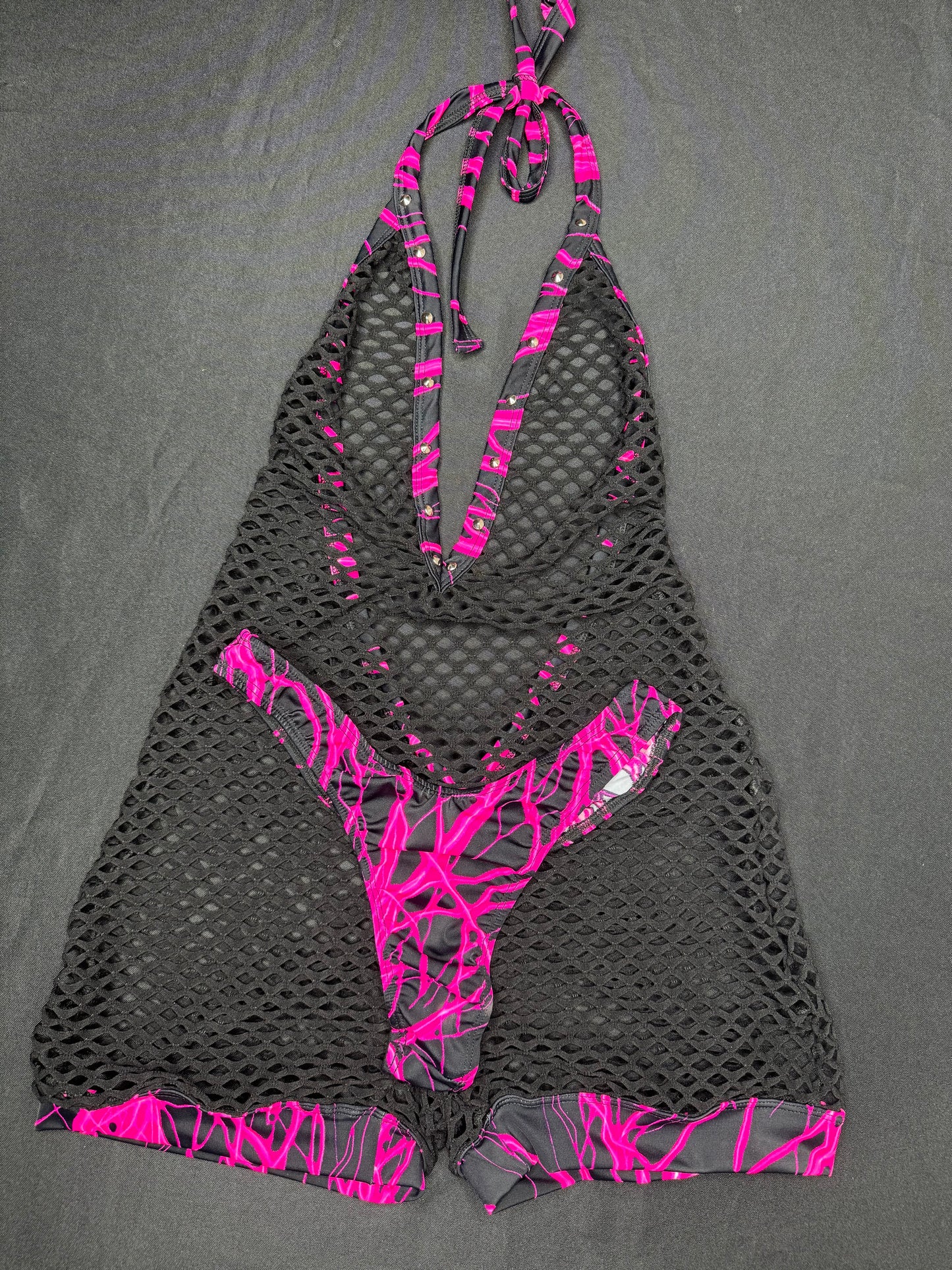 Hot Pink Thunder Spandex/Black Fishnet One-Piece Cheeky Thong Lingerie Outfit