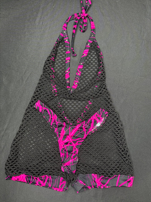 Hot Pink Thunder Spandex/Black Fishnet One-Piece Cheeky Thong Lingerie Outfit