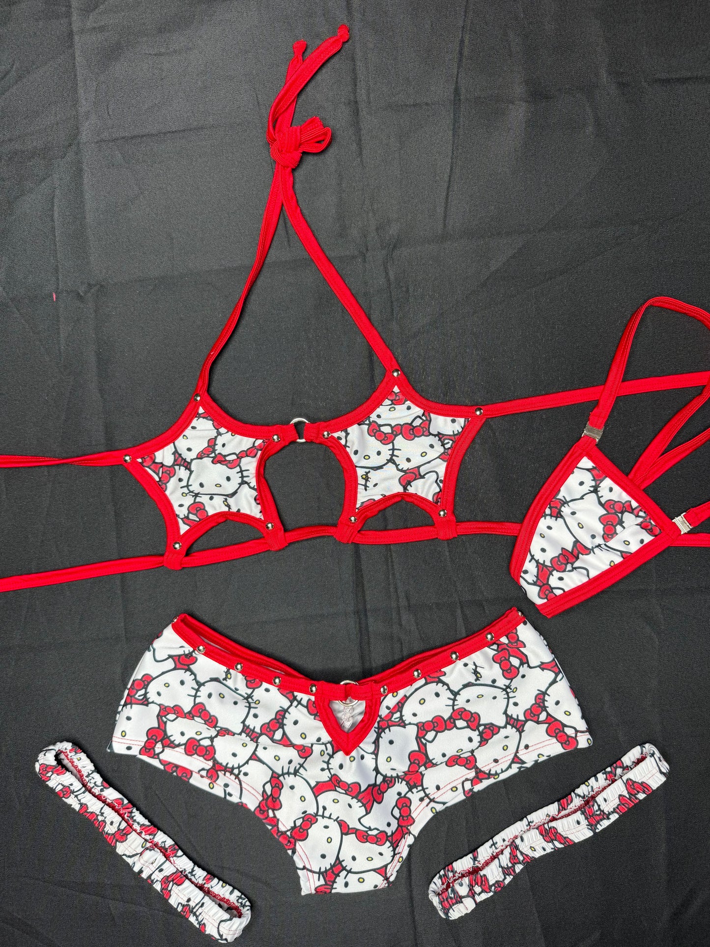 Red/White Kitty Print Spandex Star Top/Mid Rise Shorts Garters Lingerie Outfit