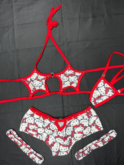 Red/White Kitty Print Spandex Star Top/Mid Rise Shorts Garters Lingerie Outfit